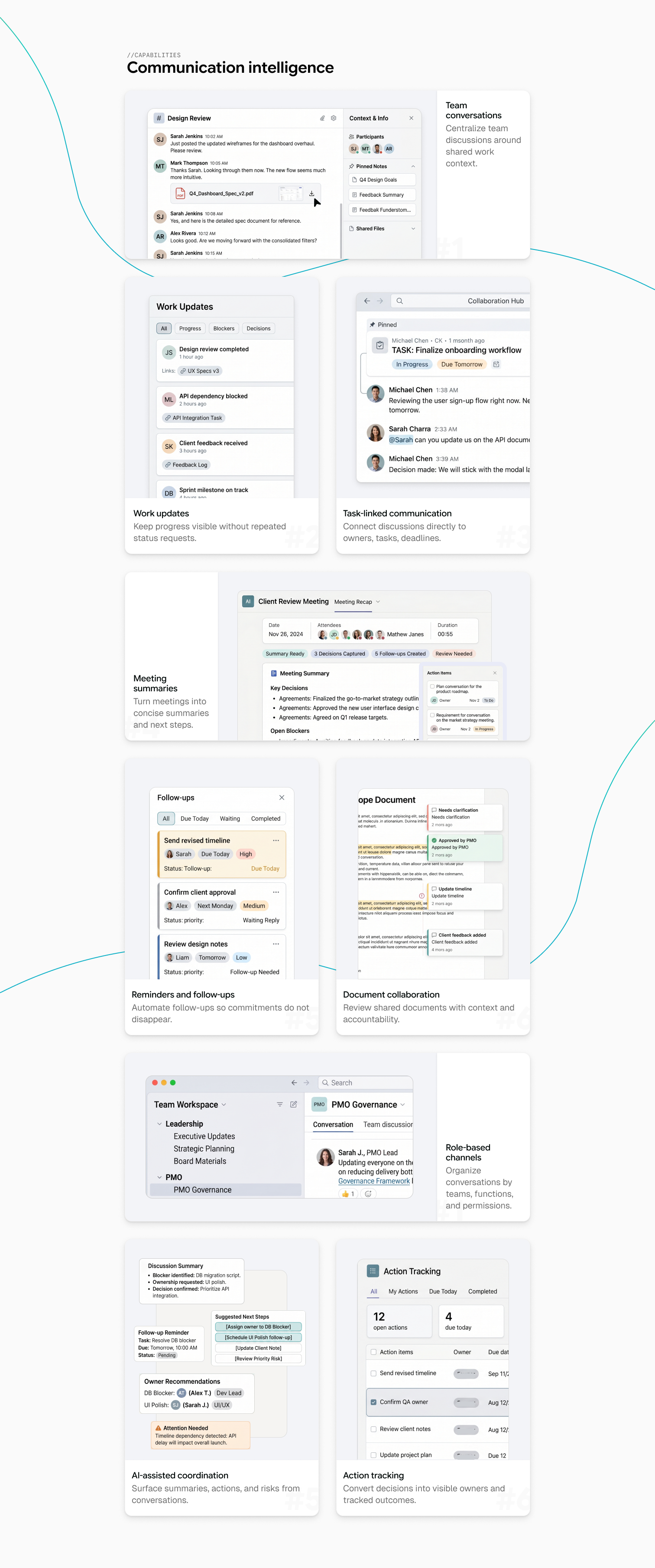 Collaboration Hub capabilities for task threads, knowledge capture, meeting intelligence, reminders and shared context